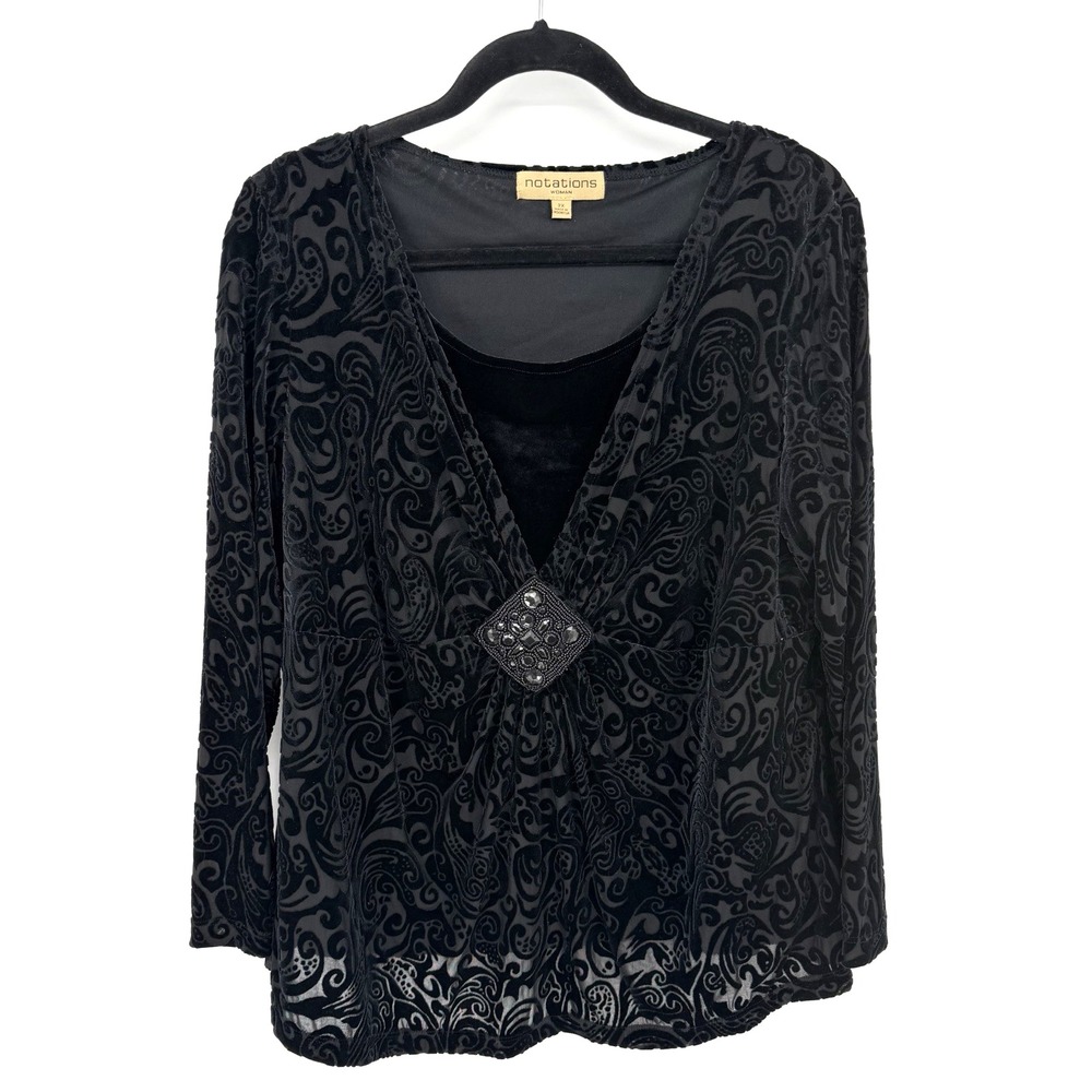 Notations Women's 2X Black Velvet Burnout Blouse Adorned Gothic Dark Romantic